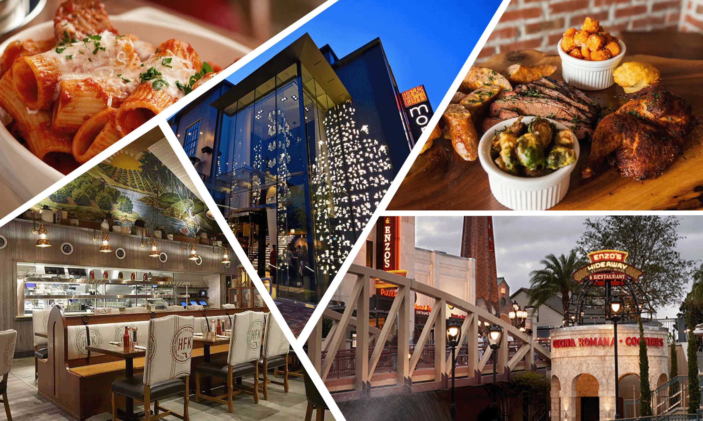 collage of various restaurant location and plates of food